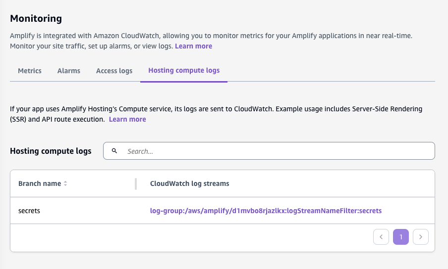 Monitoring section of the app displayed in the Amplify console